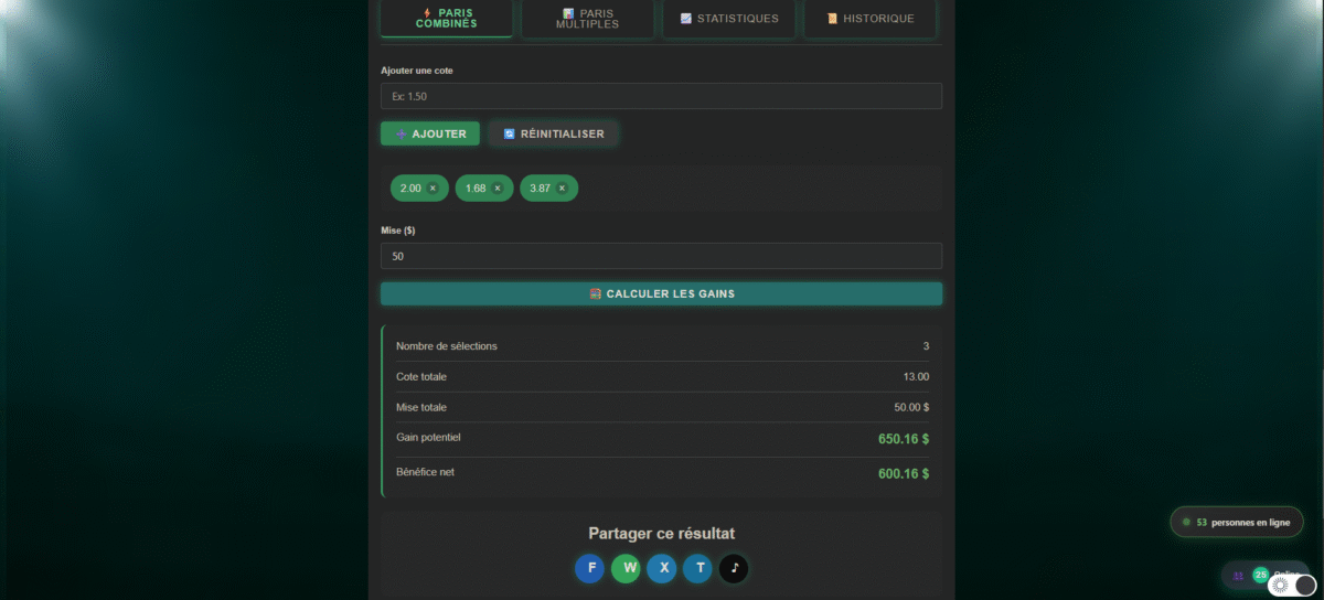 Simulateur paris sportif interactif Talacote - Calcul instantané des gains