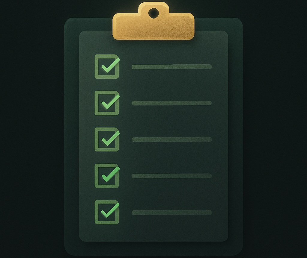 Presse-papier avec checklist de 5 cases cochées en vert symbolisant les critères de validation de la méthode Talacote