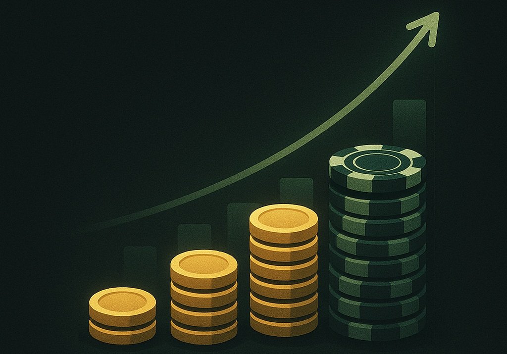 Piles de jetons de casino en progression croissante avec flèche ascendante symbolisant la gestion de bankroll