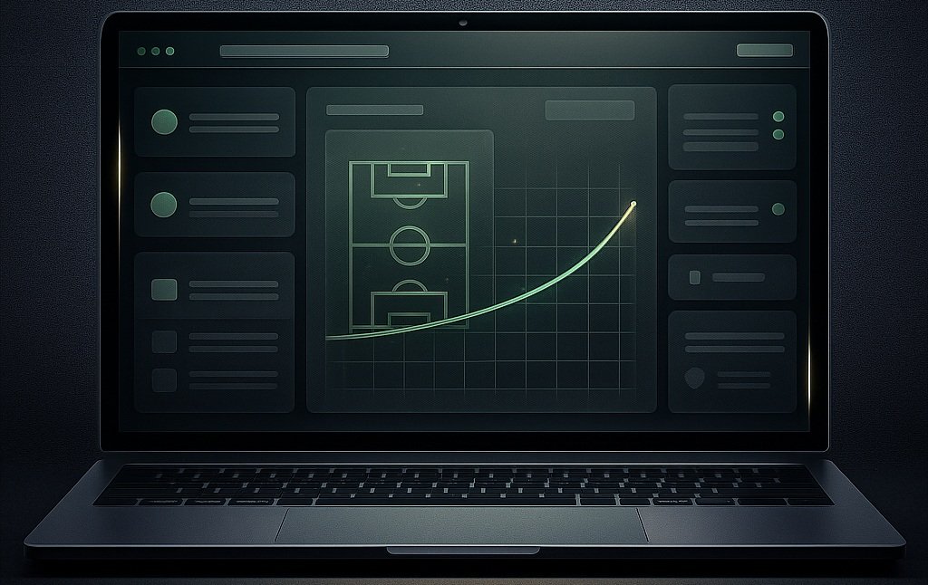 Interface du simulateur de paris sportifs Talacote affichant un terrain de football, un graphique de progression et des options de paris