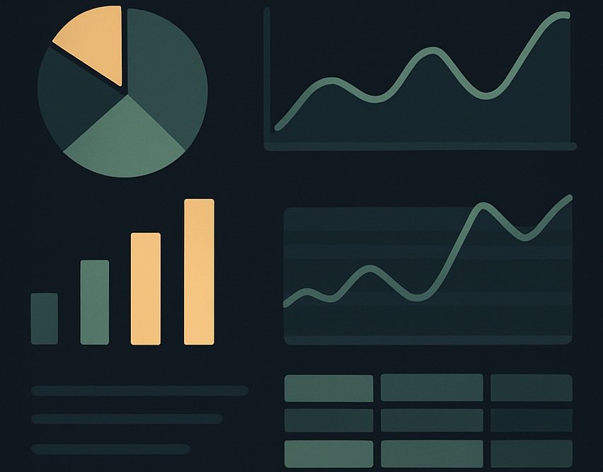 Graphiques statistiques et analytiques avec diagramme circulaire, histogramme et courbes de tendance